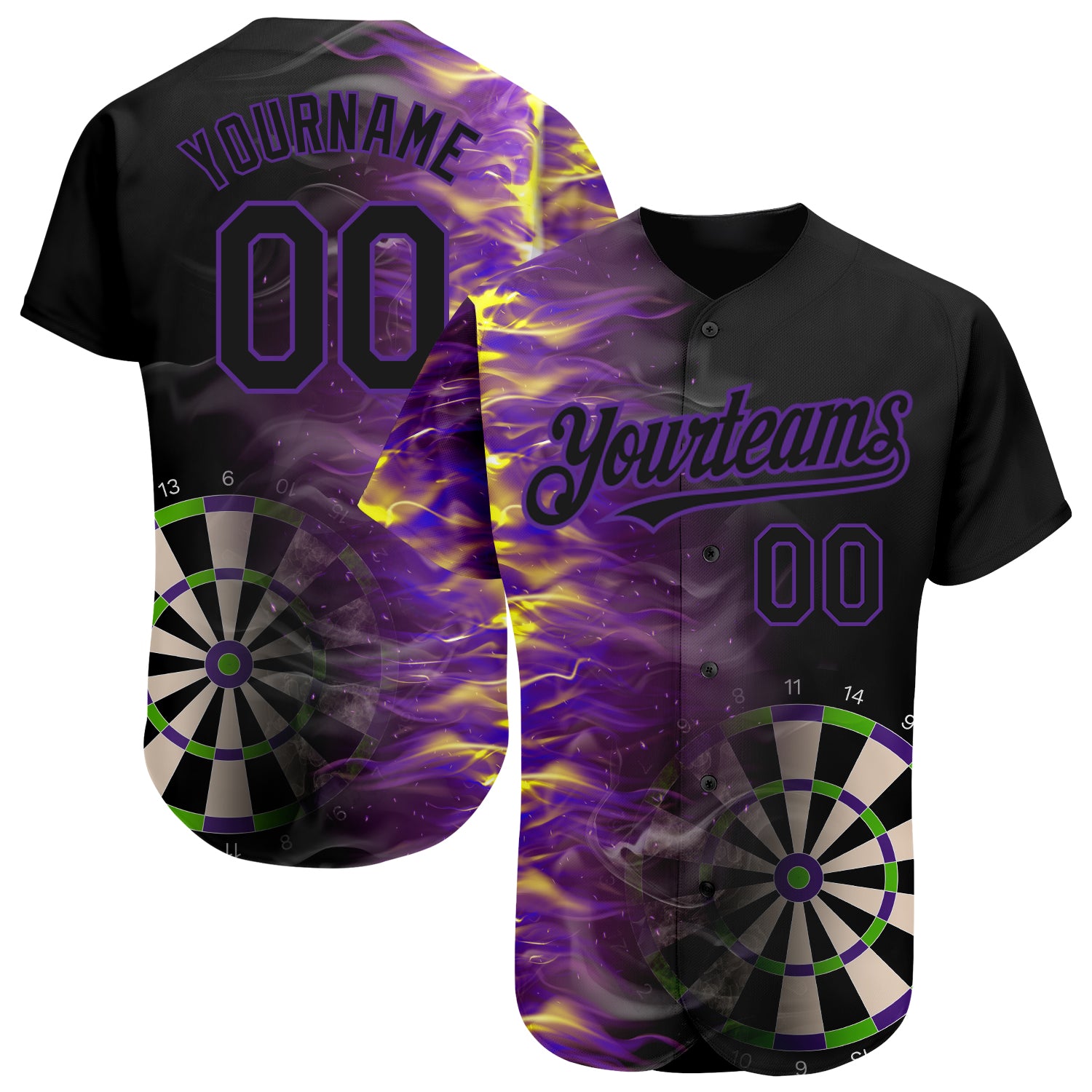 Personalized 3D Fiery Black Purple Dart Board Baseball Jersey Personalized Black Purple 3D Fiery Dart Board Baseball Jersey