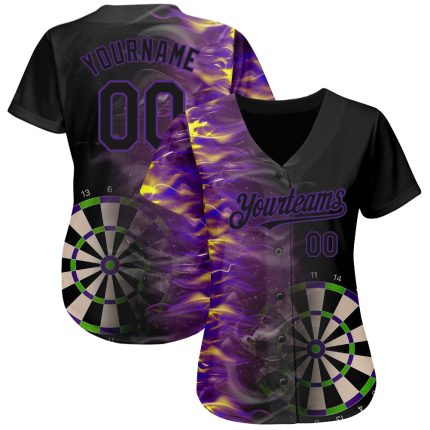 Personalized 3D Fiery Black Purple Dart Board Baseball Jersey Personalized Black Purple 3D Fiery Dart Board Baseball Jersey