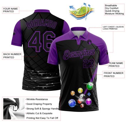 Personalized 3D Pattern Billiards Polo Shirt with Custom Name and Number - Black Purple Performance Team Wear Personalized