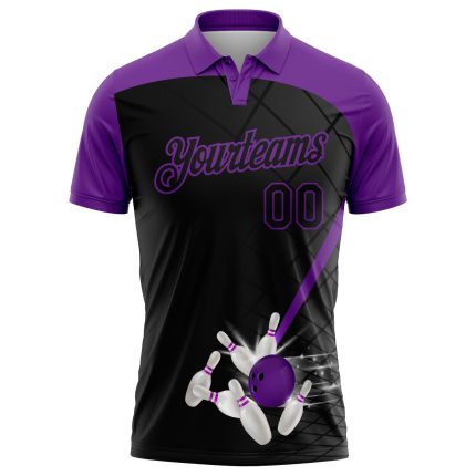 Custom Name Number Bowling Polo Shirt, Personalized 3D Black Purple Pattern, Performance Team Apparel Personalized Black