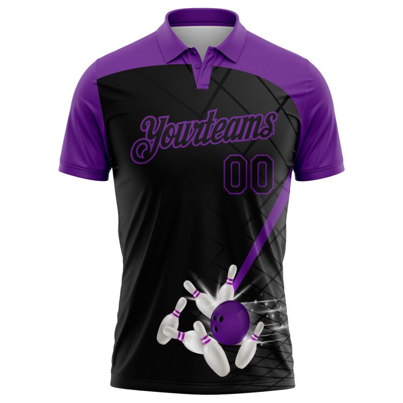 Custom Name Number Bowling Polo Shirt, Personalized 3D Black Purple Pattern, Performance Team Apparel Personalized Black