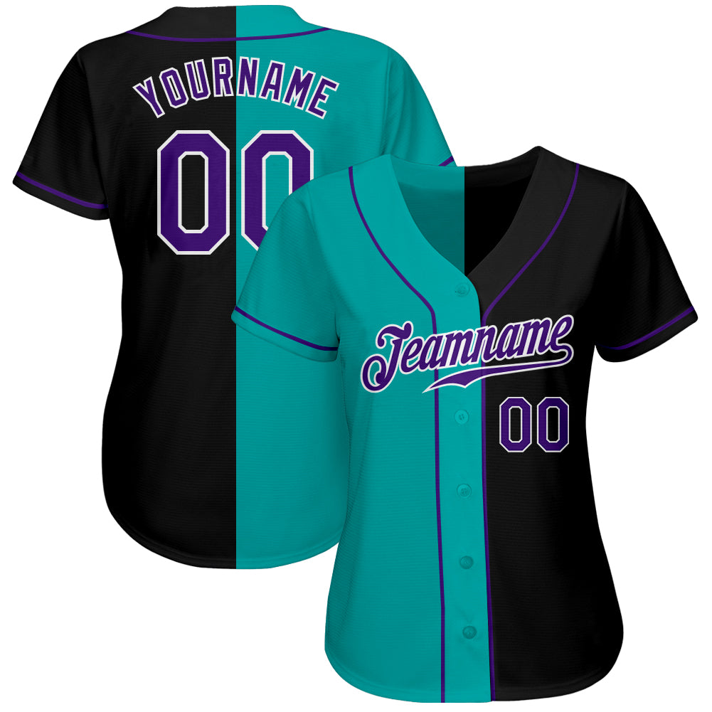 Personalized Black Purple-Aqua Authentic Split Fashion Baseball Jersey Team Custom Name and Number Custom Name Number Personalized Black Purple Aqua Baseball Jersey - Authentic Split Fashion Team Design Personalized Black - Image 2