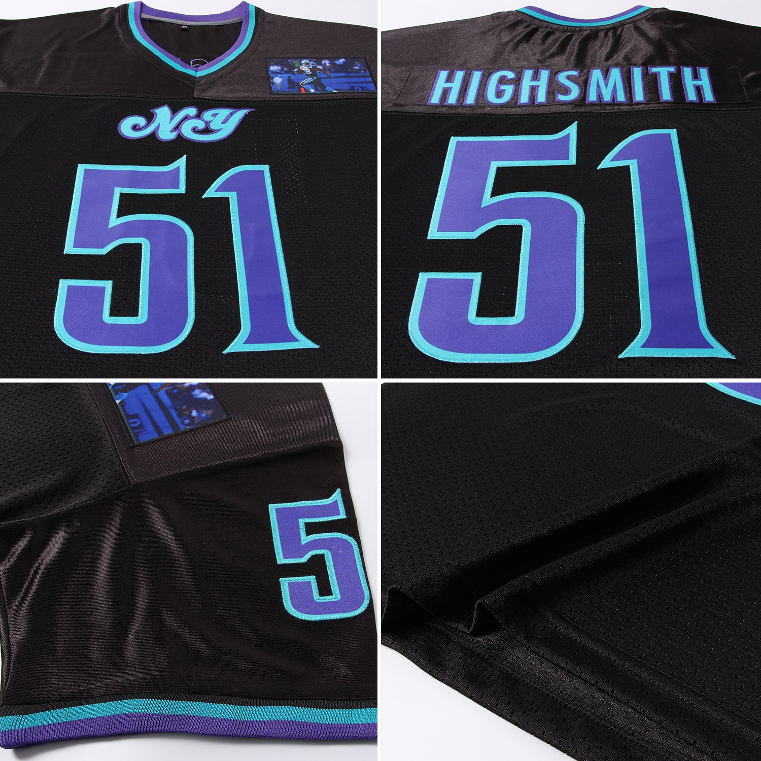 Personalized Black Purple-Aqua Mesh Authentic Throwback Football Jersey Team Custom Name and Number Custom Purple Aqua Black Mesh Throwback Football Jersey with Personalized Name & Number Personalized Black Purple-Aqua Mesh - Image 7