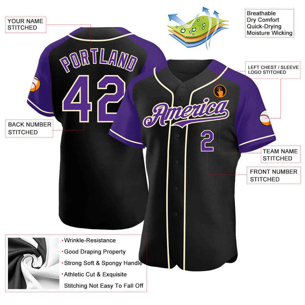 Personalized Black Purple-Cream Authentic Raglan Sleeves Baseball Jersey Team Custom Name and Number Custom Name and Number Baseball Jersey - Authentic Black Purple-Cream Raglan Sleeves Design Personalized Black Purple-Cream - Image 3