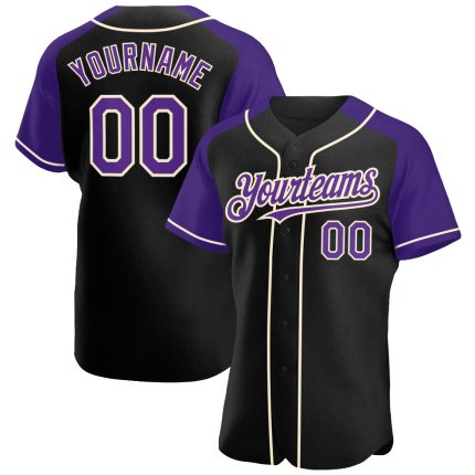 Custom Name and Number Baseball Jersey - Authentic Black Purple-Cream Raglan Sleeves Design Personalized Black Purple-Cream