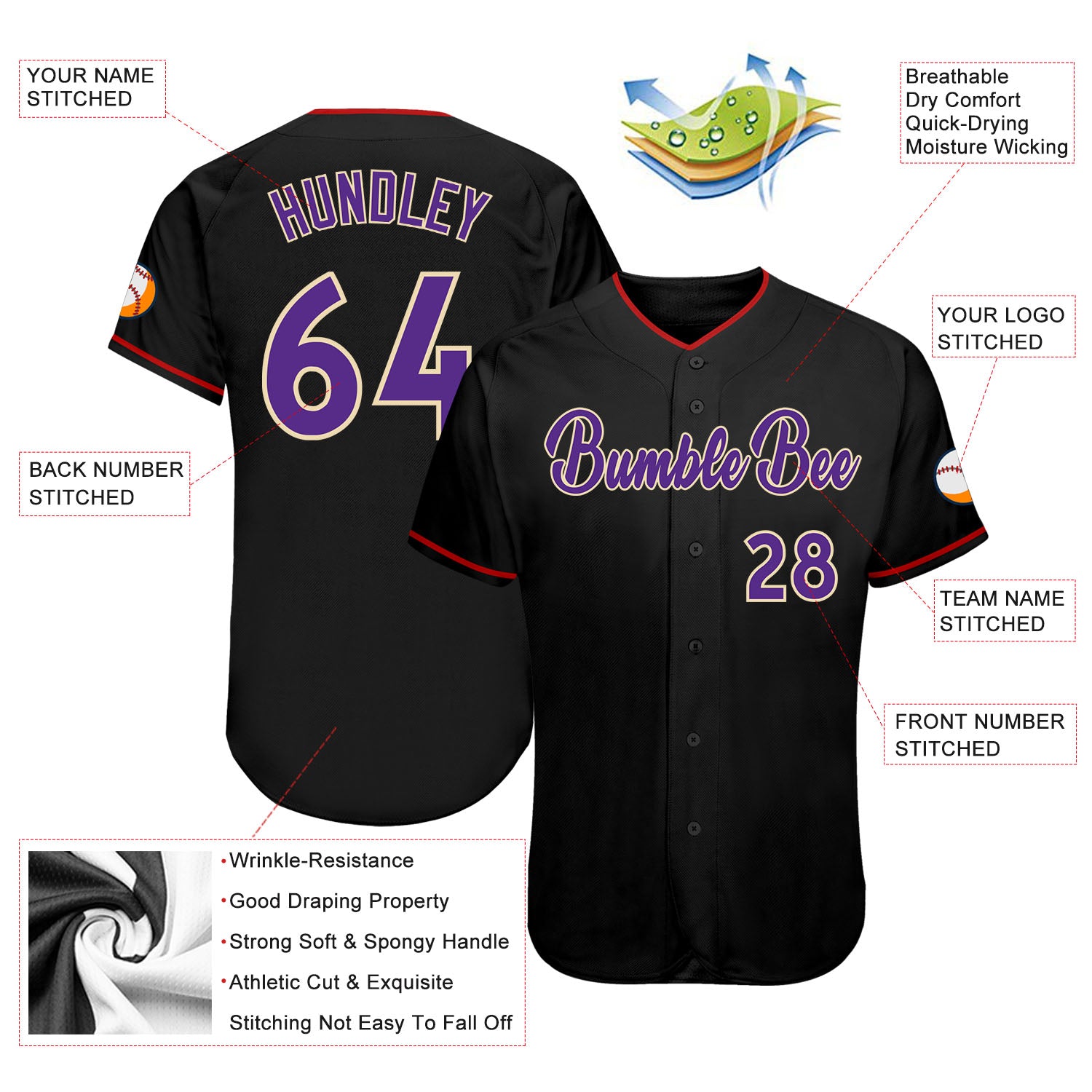Personalized Black Purple-Cream Baseball Jersey Custom Black Purple Cream Baseball Jersey - Personalized Sports Apparel Personalized Black Purple-Cream Baseball Jersey - Image 3