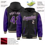 Custom Name Number Varsity Letterman Hoodie Jacket Black Purple Cream Two Tone Full-Snap Bomber Personalized Black Purple-Cream
