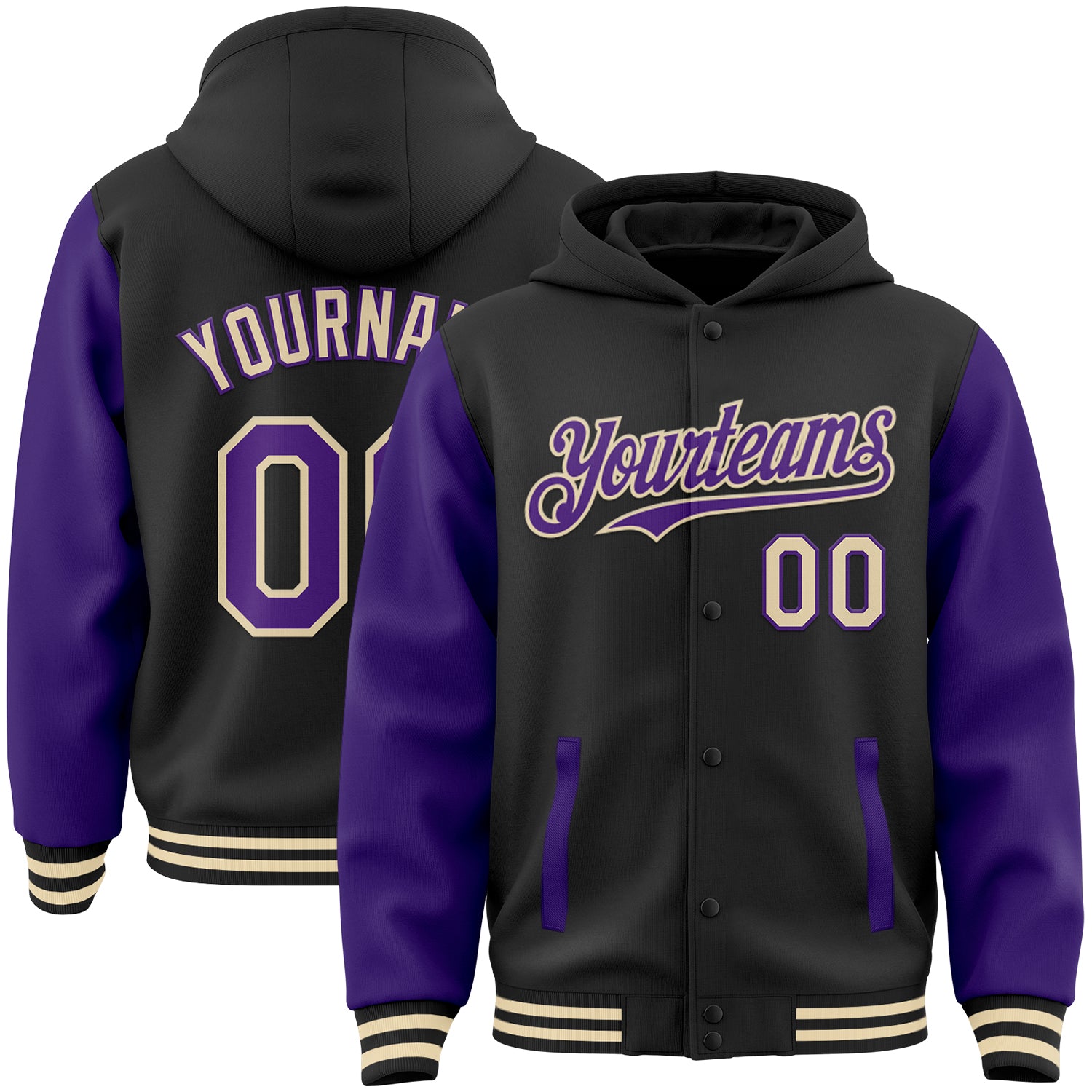 Custom Name Number Varsity Letterman Hoodie Jacket Black Purple Cream Two Tone Full-Snap Bomber Personalized Black Purple-Cream