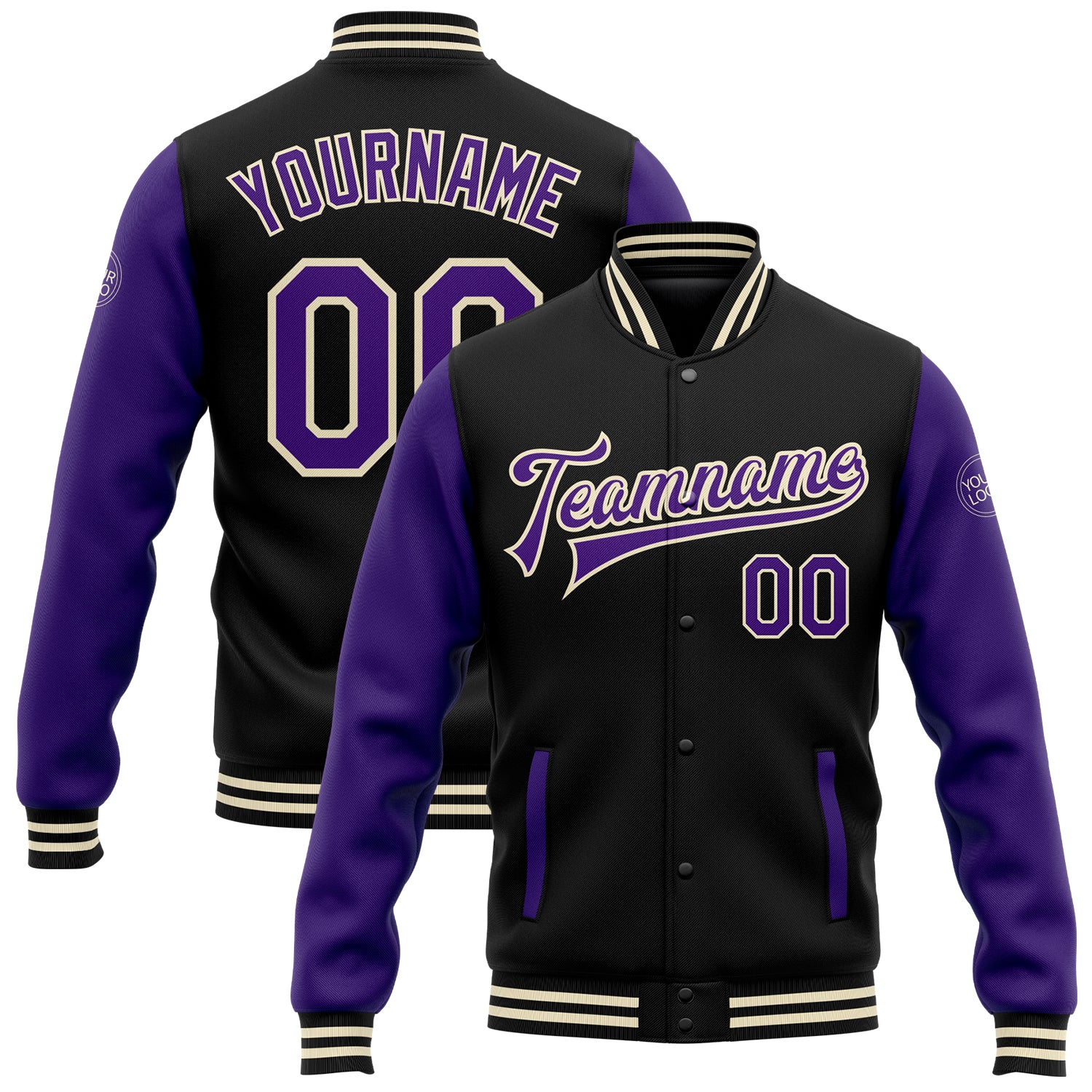 Personalized Two Tone Black Purple-Cream Varsity Letterman Bomber Jacket Full-Snap Personalized Black Purple-Cream Bomber
