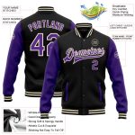 Custom Two Tone Varsity Letterman Jacket with Personalized Name & Number - Black Purple-Cream Full-Snap Bomber Personalized