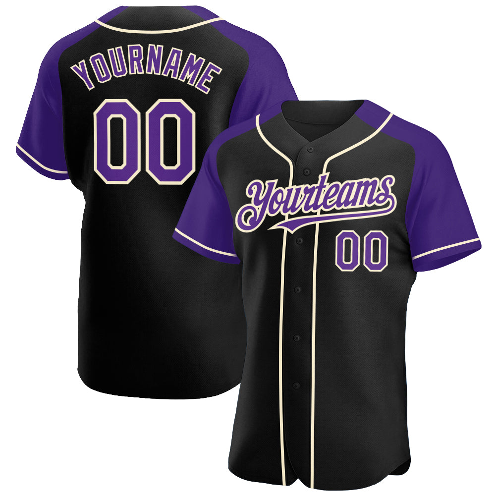Personalized Black and Purple Baseball Jersey with Cream Raglan Sleeves Personalized Black Purple-Cream Raglan Sleeves Baseball