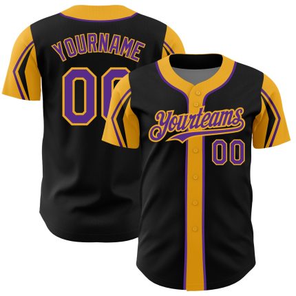 Personalized Black Purple Gold Baseball Jersey - 3 Colors, Arm Shapes Personalized Black Purple-Gold 3 Colors Arm Shapes