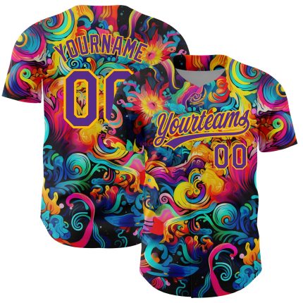 Personalized 3D Abstract Baseball Jersey Black Purple-Gold Design Personalized Black Purple-Gold 3D Abstract Painting Baseball