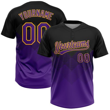 Personalized Black Purple Gold 3D Gradient Softball Jersey - Unisex Two-Button Design Personalized Black Purple-Gold 3D Gradient