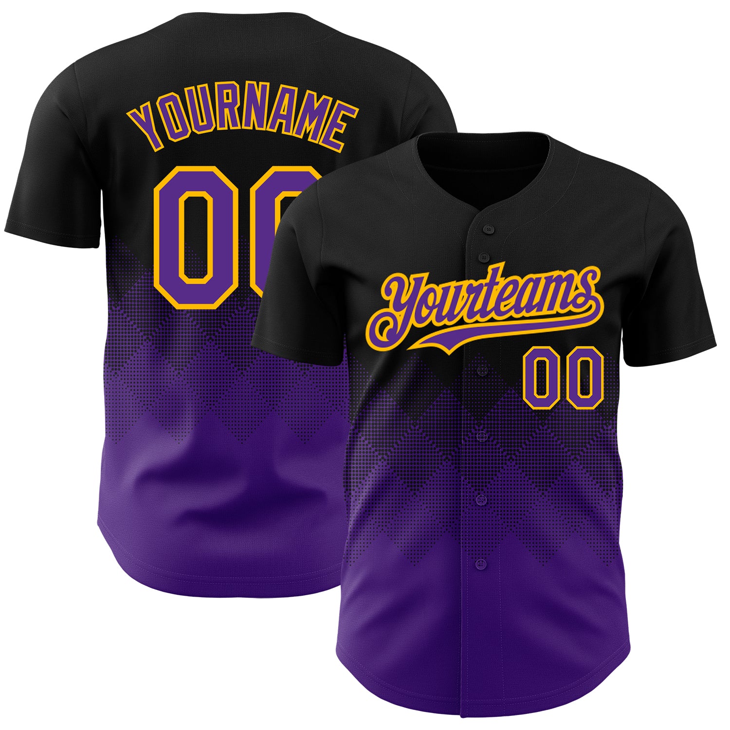 Custom Name and Number Authentic Baseball Jersey - Personalized Black Purple Gold 3D Gradient Square Pattern Design Personalized