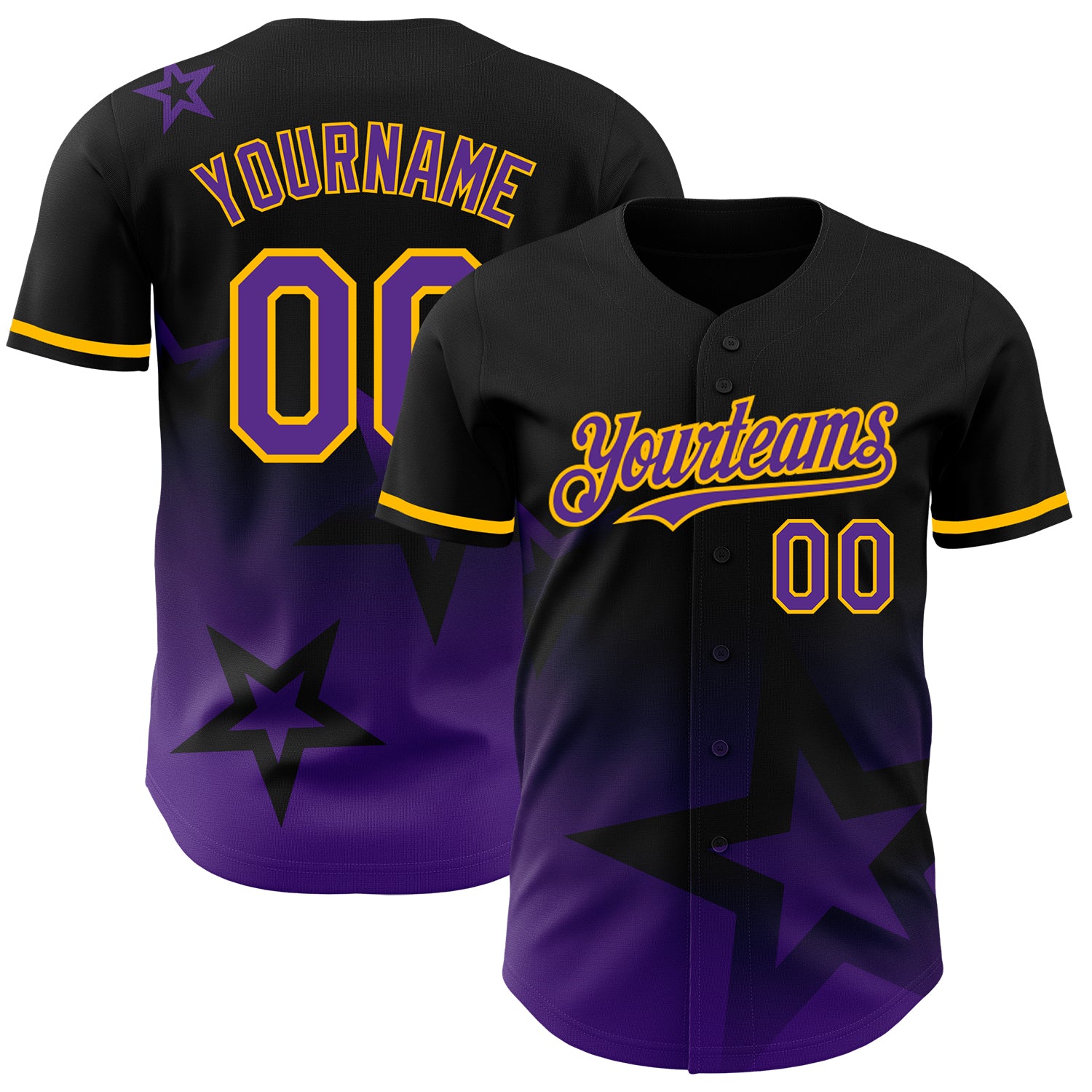 Custom Name & Number Baseball Jersey, Personalized 3D Gradient Star Design in Black Purple-Gold, Authentic Team Apparel Personalized