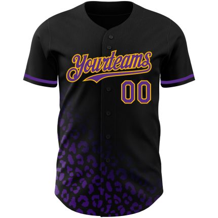 Custom Leopard Print Baseball Jersey - Personalized Black Purple Gold 3D Pattern with Name & Number Personalized Black Purple-Gold