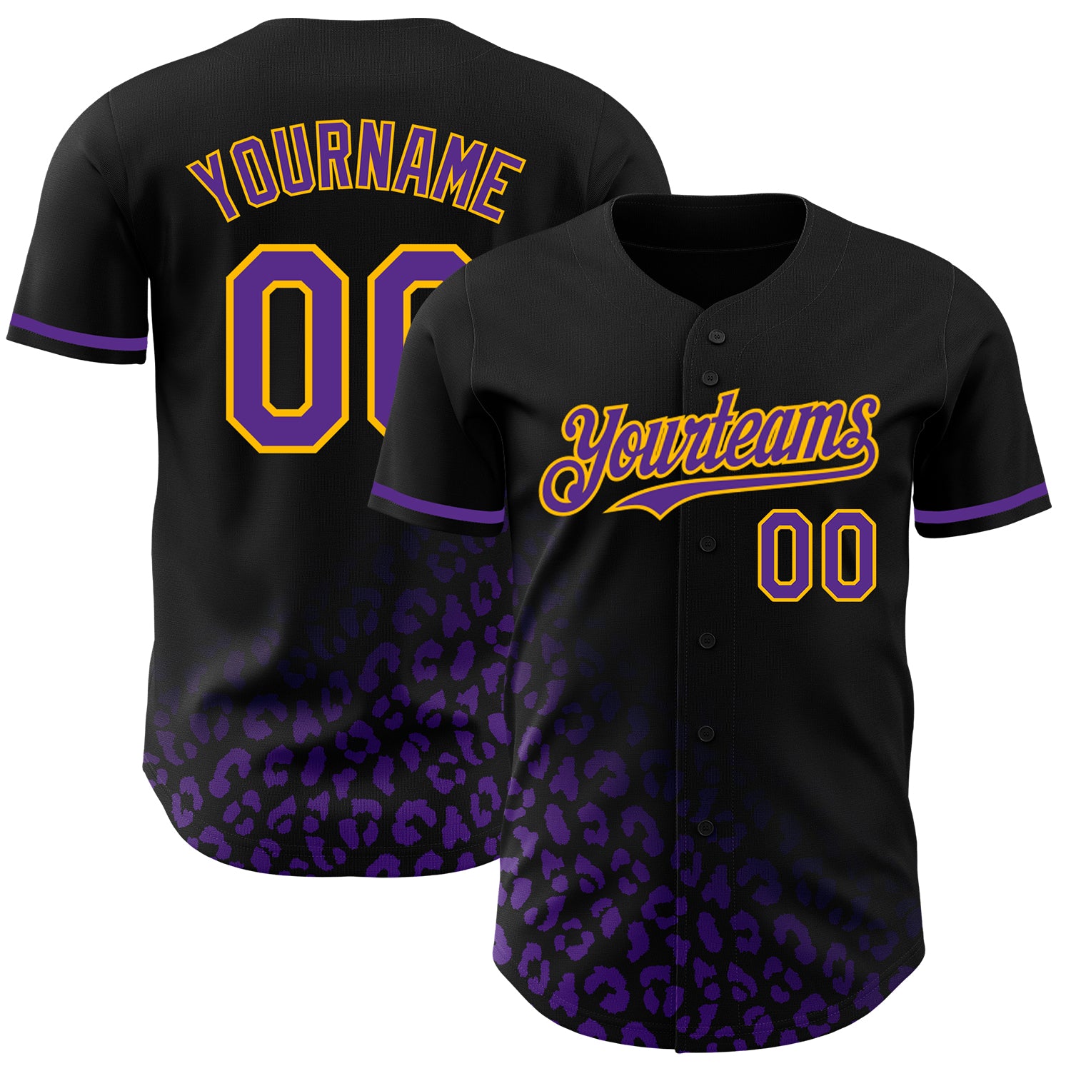 Custom Leopard Print Baseball Jersey - Personalized Black Purple Gold 3D Pattern with Name & Number Personalized Black Purple-Gold