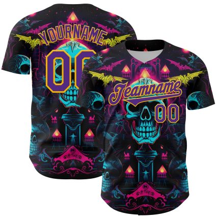 Personalized Rave Skull Baseball Jersey with Black Purple-Gold 3D Pattern, Custom Name & Number - Authentic Team Apparel