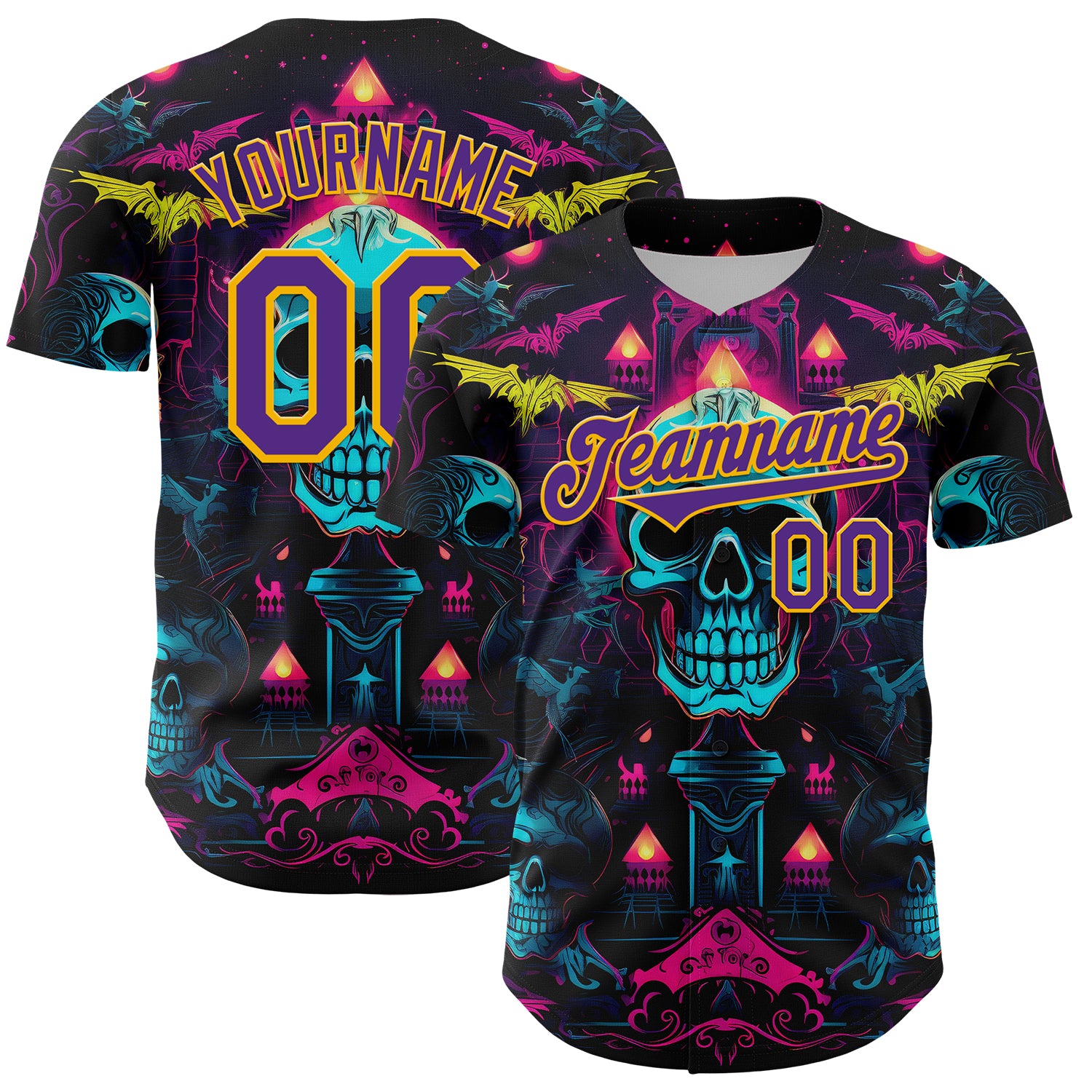 Personalized 3D Rave Skull Jersey in Black Purple Gold for Men - Stylish Baseball Shirt Personalized Black Purple-Gold 3D