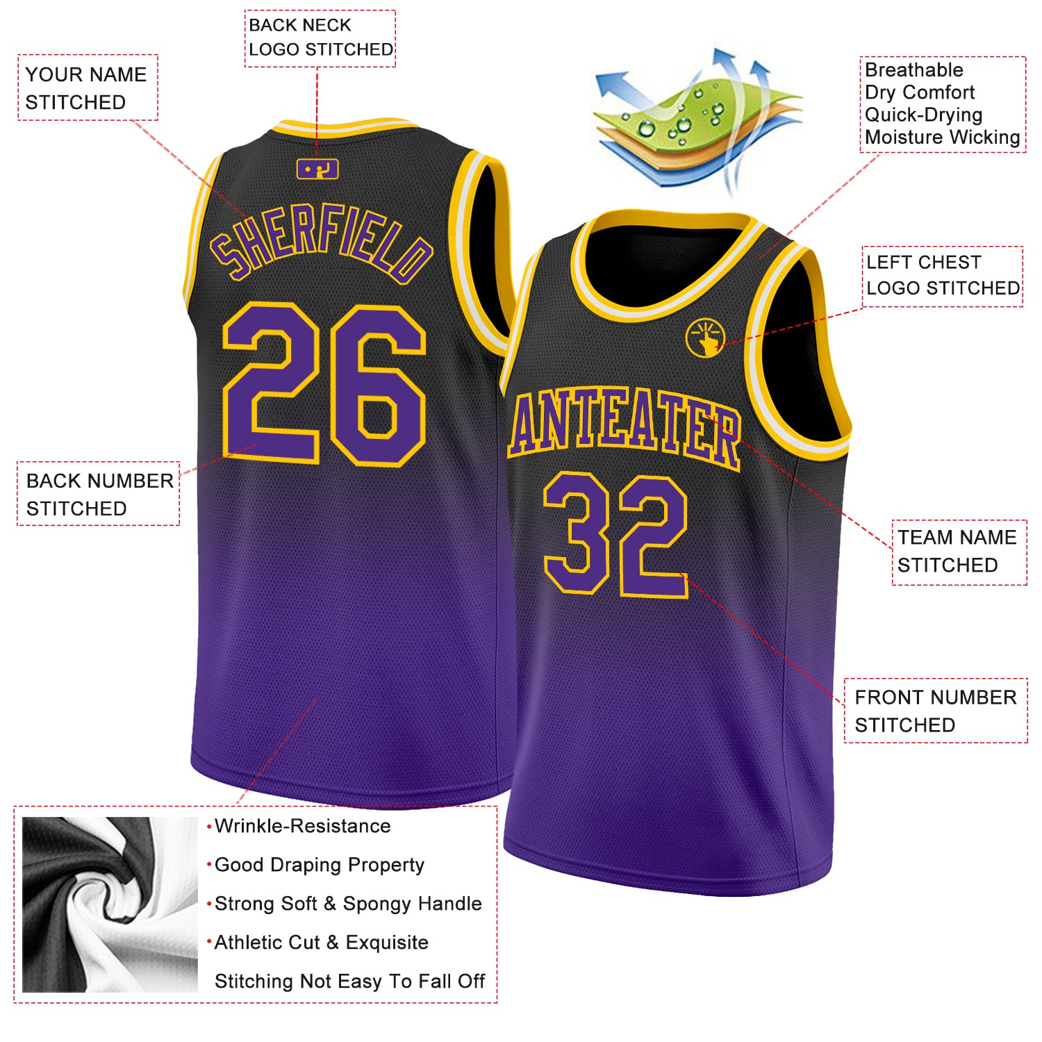 Personalized Black Purple-Gold Authentic Fade Fashion Basketball Jersey Team Custom Name and Number Custom Basketball Jersey - Personalized Black Purple-Gold Fade with Name and Number - Authentic Team Apparel Personalized - Image 2