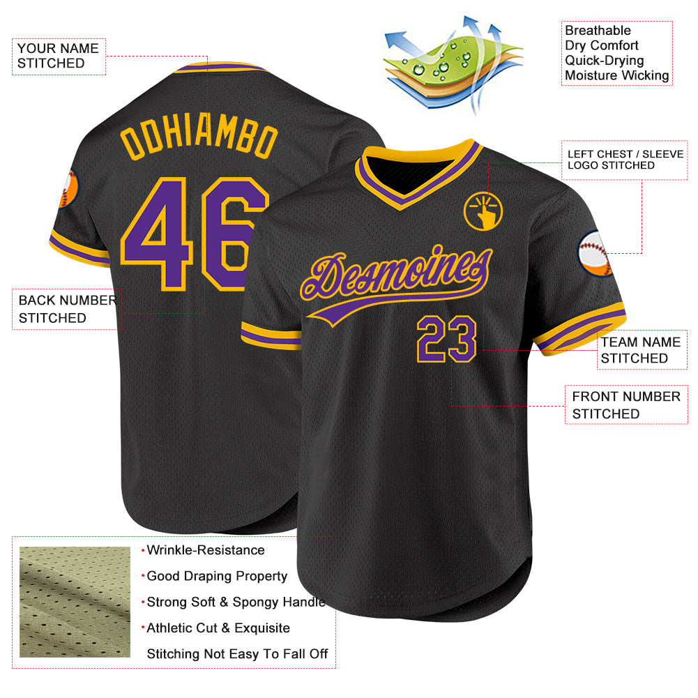 Personalized Black Purple-Gold Authentic Throwback Baseball Jersey Team Custom Name and Number Custom Name and Number Personalized Authentic Throwback Baseball Jersey - Black Purple Gold Personalized Black Purple-Gold - Image 3