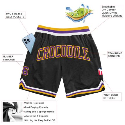 Custom Name and Number Personalized Black Purple-Gold Basketball Shorts - Authentic Throwback Style Personalized Black Purple-Gold
