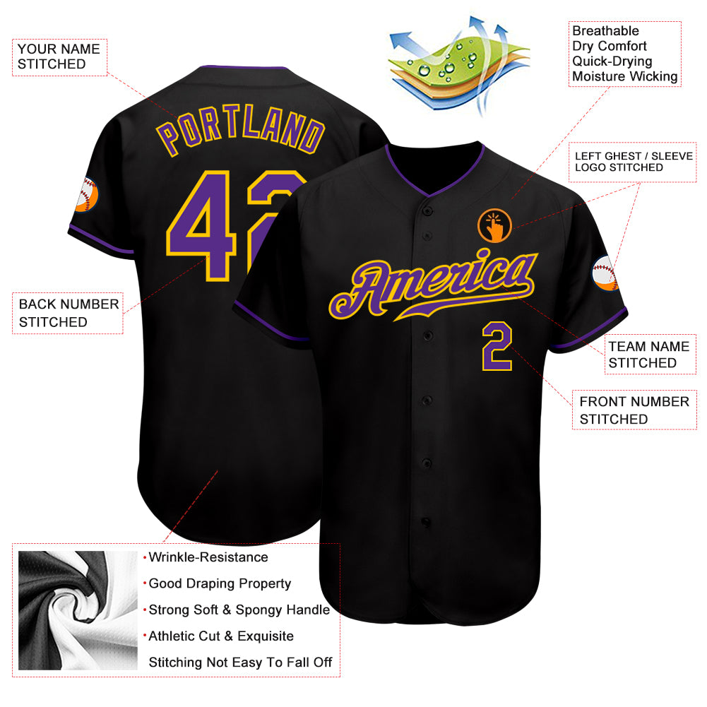 Personalized Black Purple-Gold Baseball Jersey 3 Custom Black Purple Gold Baseball Jersey for Men and Women Personalized Black Purple-Gold Baseball Jersey 3 - Image 3