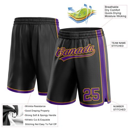 Personalized Basketball Shorts in Black Purple and Gold for Men and Women Personalized Black Purple-Gold Basketball Shorts