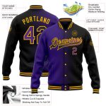 Personalized Black Purple Gold Gradient Varsity Letterman Bomber Jacket Full-Snap Fashion Personalized Black Purple-Gold