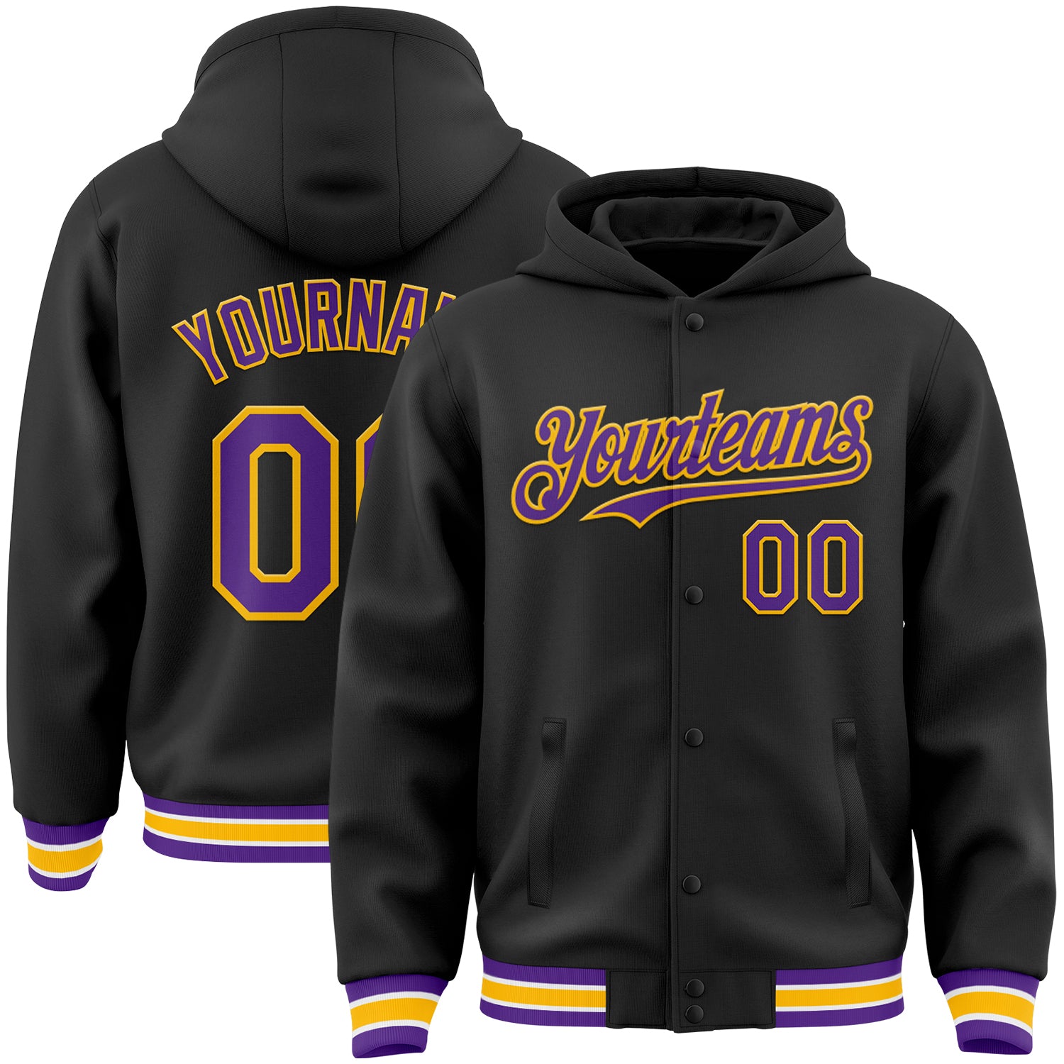 Customizable Black Purple Gold Bomber Varsity Hoodie Jacket with Team Name and Number - Full Snap Letterman Style Personalized