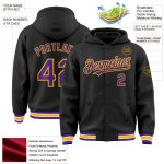 Customizable Black Purple Gold Bomber Varsity Hoodie Jacket with Team Name and Number - Full Snap Letterman Style Personalized