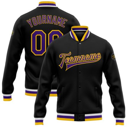Personalized Black Purple Gold Varsity Letterman Bomber Jacket Full-Snap Personalized Black Purple-Gold Bomber Full-Snap