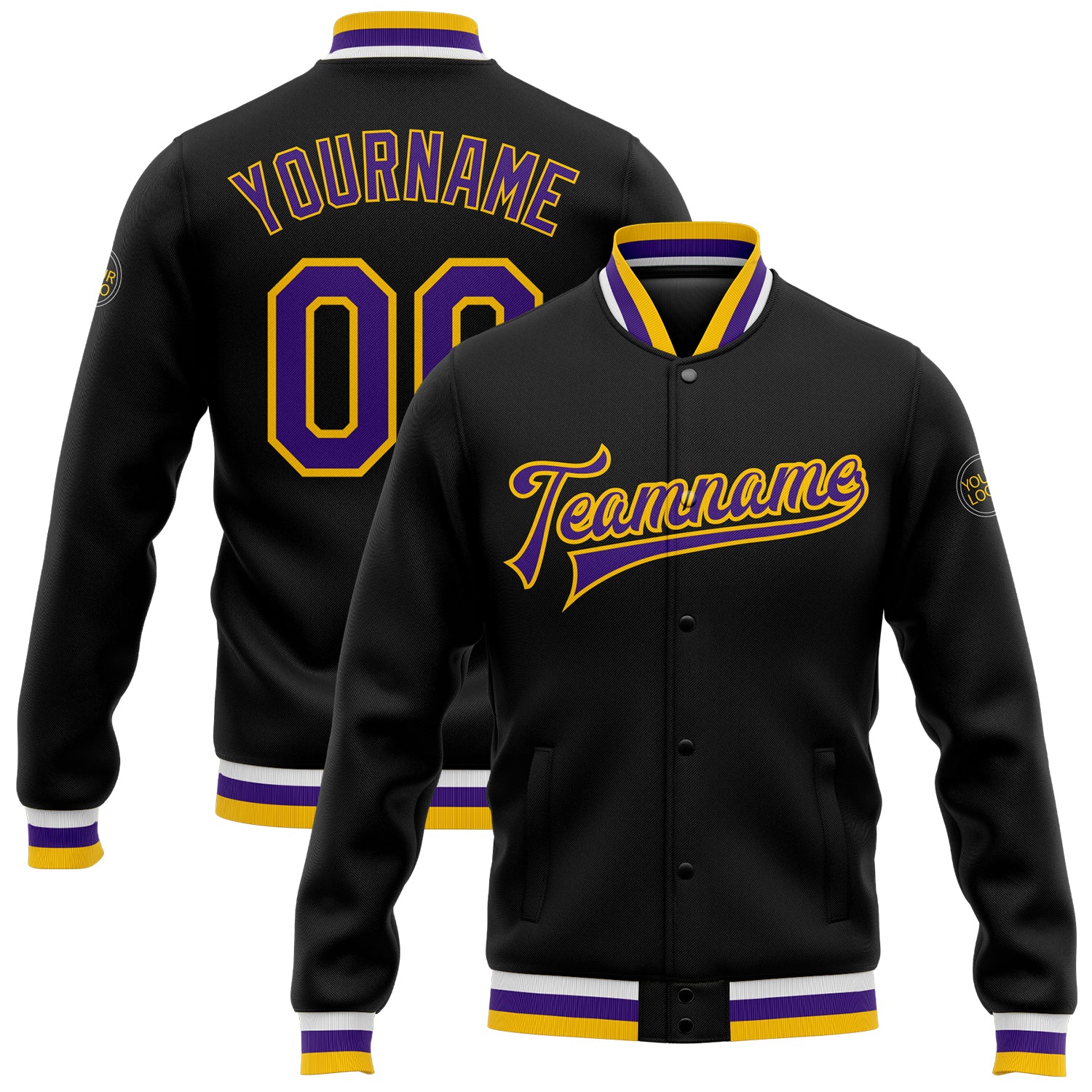 Personalized Black Purple Gold Varsity Letterman Bomber Jacket Full-Snap Personalized Black Purple-Gold Bomber Full-Snap