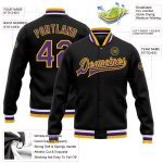 Personalized Black Purple Gold Varsity Letterman Bomber Jacket Full-Snap Personalized Black Purple-Gold Bomber Full-Snap