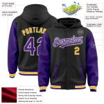 Personalized Black and Purple Gold Bomber Two Tone Full-Snap Varsity Hoodie Jacket Personalized Black Purple-Gold Bomber