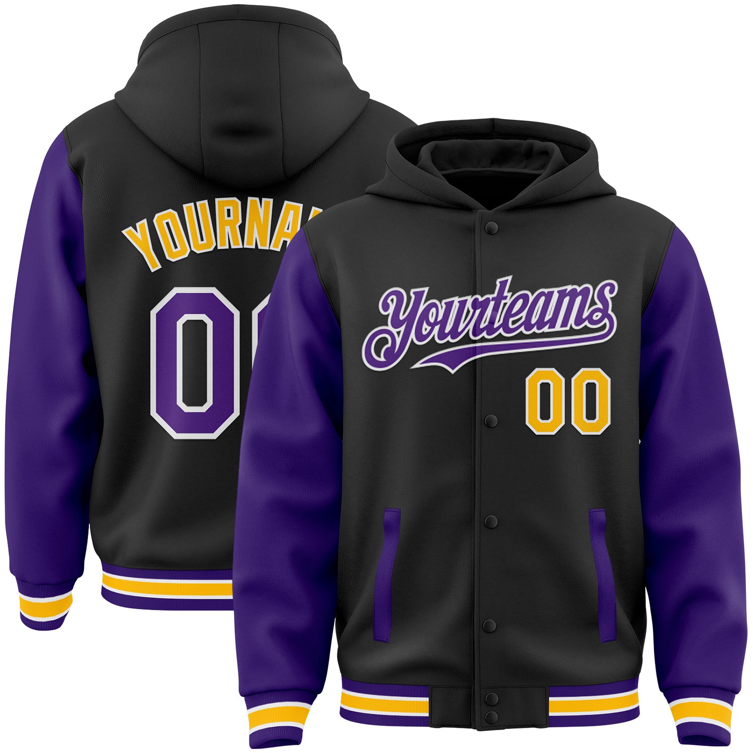 Personalized Black and Purple Gold Bomber Two Tone Full-Snap Varsity Hoodie Jacket Personalized Black Purple-Gold Bomber
