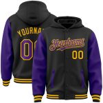 Custom Name Number Varsity Letterman Hoodie Jacket Black Purple Gold Bomber Full-Snap Two Tone Design Personalized Black