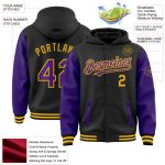 Custom Name Number Varsity Letterman Hoodie Jacket Black Purple Gold Bomber Full-Snap Two Tone Design Personalized Black