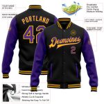 Personalized Two Tone Varsity Letterman Jacket Black Purple Gold Full-Snap Bomber Personalized Black Purple-Gold Bomber Full-Snap