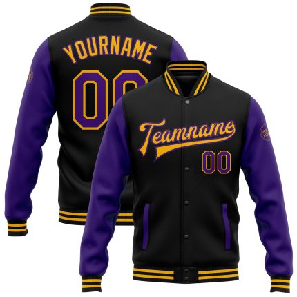 Personalized Varsity Letterman Jacket Black Purple Gold Two Tone Full-Snap Bomber Personalized Black Purple-Gold Bomber Full-Snap