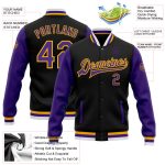 Personalized Bomber Jacket Black Purple Gold Full-Snap Varsity Letterman Two Tone Personalized Black Purple-Gold Bomber Full-Snap