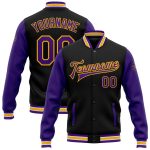 Personalized Purple and Gold Bomber Varsity Jacket for Men, Black Full-Snap Letterman Two Tone Style Personalized Black Purple-Gold