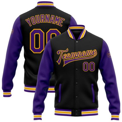 Personalized Purple and Gold Bomber Varsity Jacket for Men, Black Full-Snap Letterman Two Tone Style Personalized Black Purple-Gold