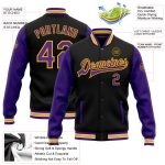 Personalized Purple and Gold Bomber Varsity Jacket for Men, Black Full-Snap Letterman Two Tone Style Personalized Black Purple-Gold