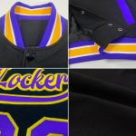 Personalized Purple and Gold Bomber Varsity Jacket for Men, Black Full-Snap Letterman Two Tone Style Personalized Black Purple-Gold