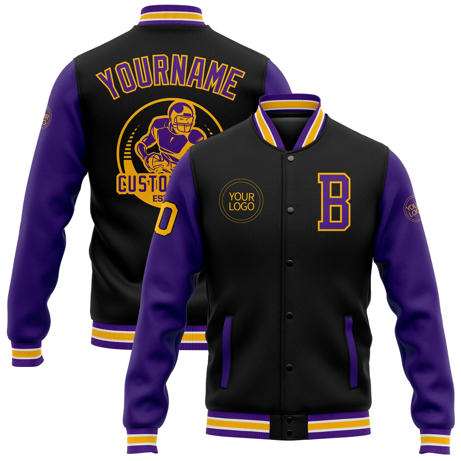 Personalized Black Purple Gold Bomber Varsity Letterman Two Tone Jacket Size 4 Personalized Black Purple-Gold Bomber Full-Snap