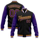 Personalized Bomber Jacket Black Purple Gold Full-Snap Varsity Letterman Two Tone Personalized Black Purple-Gold Bomber Full-Snap