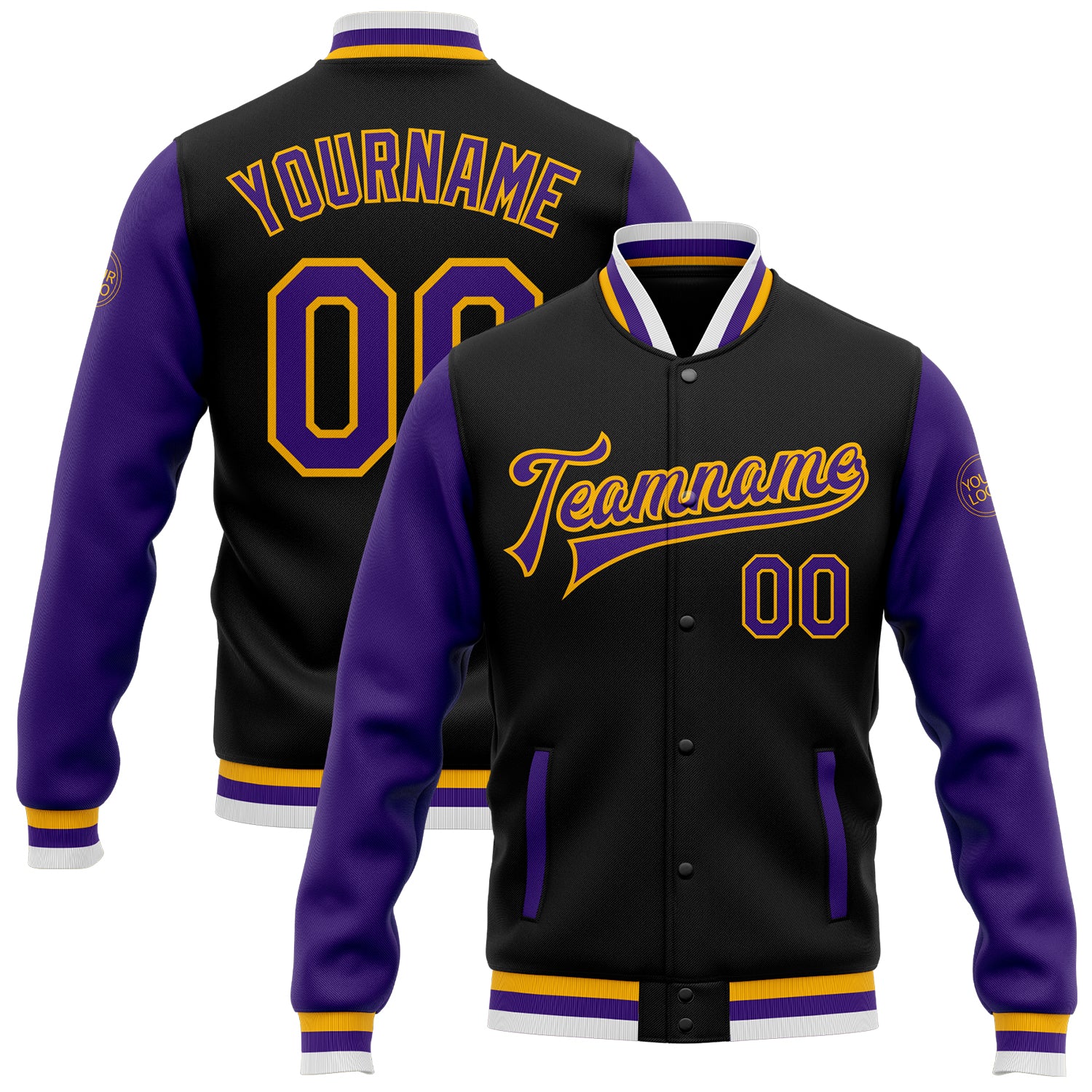Custom Two Tone Bomber Jacket with Name and Number - Personalized Black Purple-Gold Varsity Letterman Full-Snap Style Personalized