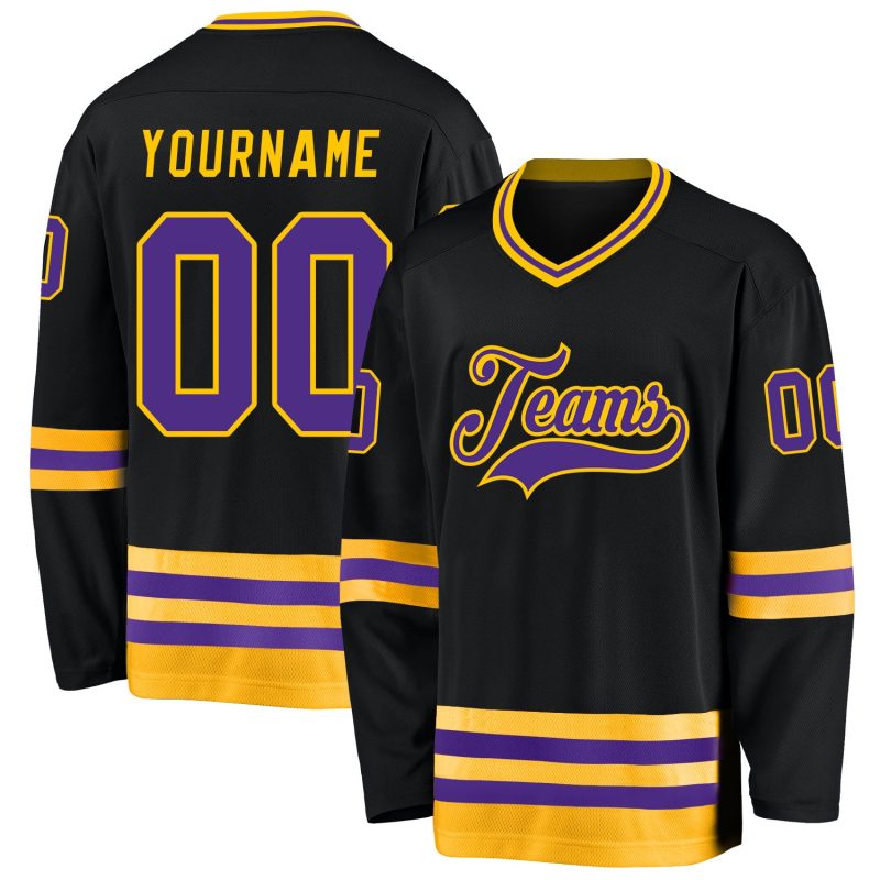 Custom Black Purple-Gold Hockey Jersey with Personalized Name & Number - Team Apparel Personalized Black Purple-Gold Hockey